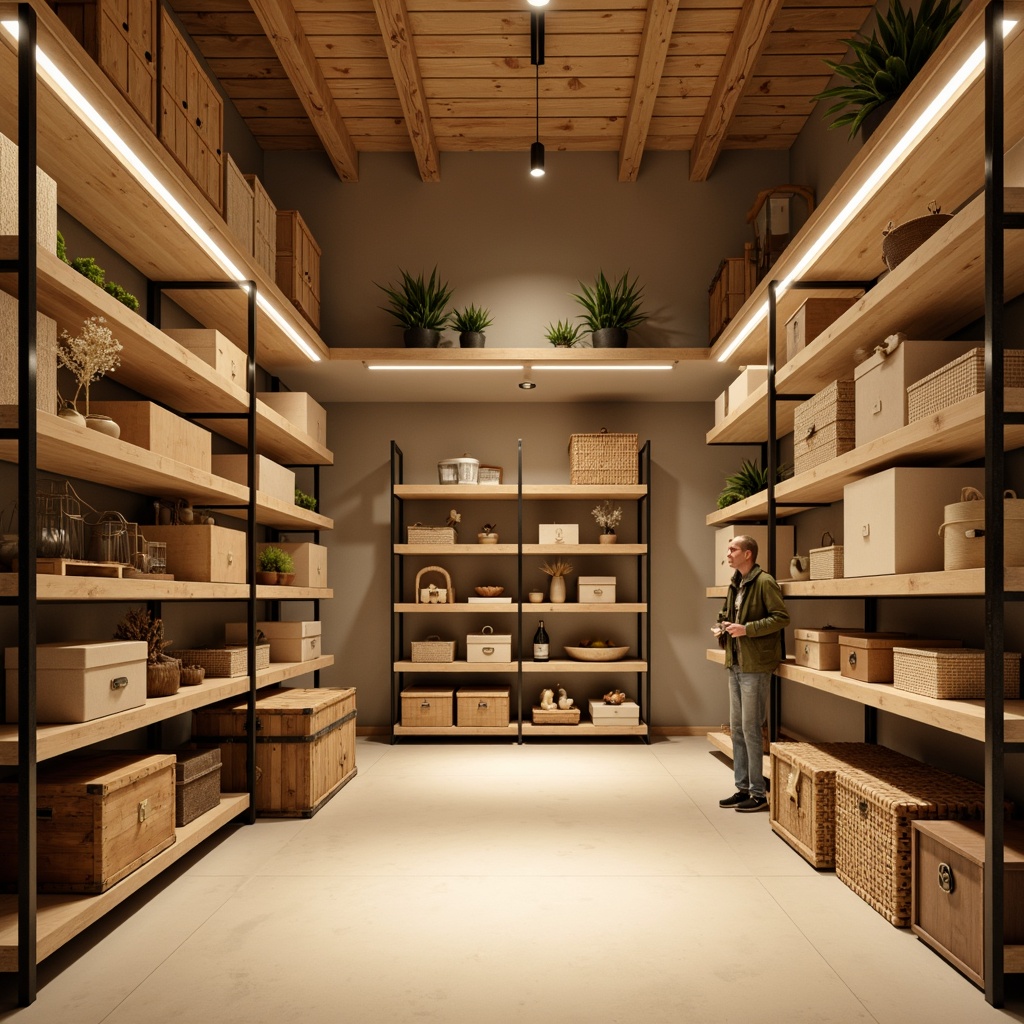 Prompt: Cozy storage room, warm beige walls, wooden crates, industrial metal shelves, woven baskets, vintage trunks, soft cream-colored flooring, minimalist decor, modern LED lighting, simple lines, functional design, ample storage space, organized layout, calm atmosphere, natural wood tones, earthy textures, 1/1 composition, shallow depth of field, realistic rendering.