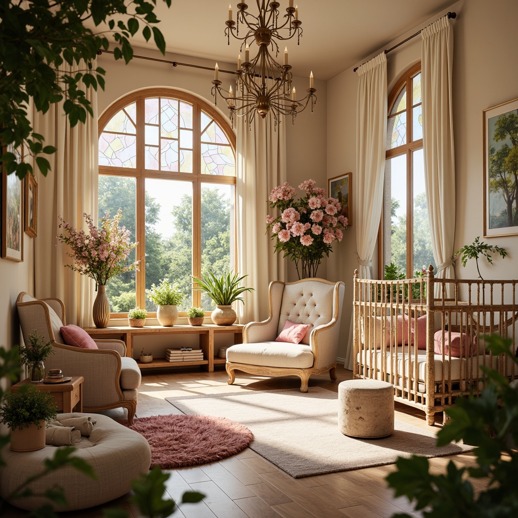 Prompt: Whimsical nursery, soft pastel colors, organic shapes, flowing curves, ornate furniture, intricately carved wooden cribs, delicate metalwork, stained glass windows, blooming flowers, lush greenery, warm golden lighting, shallow depth of field, 1/2 composition, romantic atmosphere, vintage-inspired accessories, elegant drapery, luxurious fabrics, subtle patterns, natural materials, earthy tones, serene ambiance.