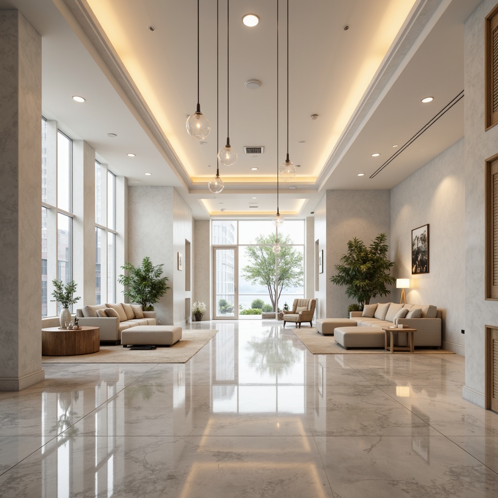 Prompt: Bright interior spaces, warm ambient lighting, pendant lamps, chandeliers, sconces, recessed lights, LED strips, glossy white walls, polished marble floors, minimalist decor, modern furniture, floor-to-ceiling windows, natural daylight, soft diffused light, 1/1 composition, shallow depth of field, realistic reflections, subtle color grading.