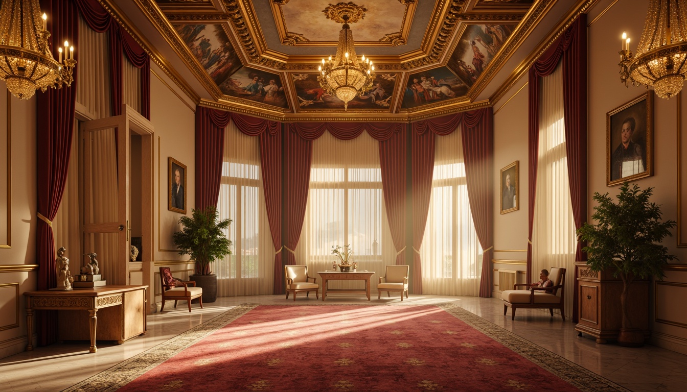 Prompt: Luxurious velvet drapes, golden ornate details, rich wood tones, soft cream walls, intricate moldings, grandiose chandeliers, ornamental frescoes, marble flooring, majestic columns, dramatic spotlights, warm beige curtains, lavish red carpets, opulent gold accents, Baroque-inspired patterns, subtle sheen fabrics, atmospheric fog effects, 1/2 composition, warm golden lighting, cinematic color grading.