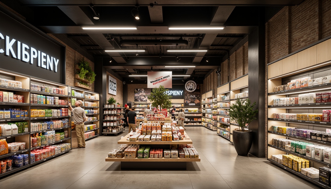 Prompt: Modern grocery store interior, streamline design, sleek metal shelves, minimalist product displays, bold typography signage, LED lighting accents, polished concrete floors, industrial-chic decor, geometric patterns, natural stone walls, warm neutral color palette, urban loft-inspired atmosphere, shallow depth of field, 1/2 composition, softbox lighting, realistic textures, ambient occlusion.