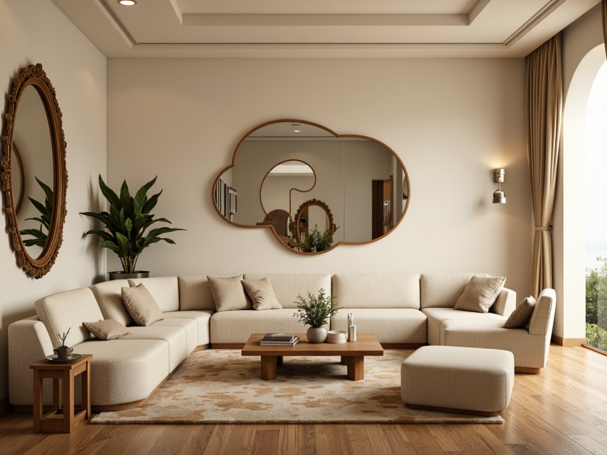 Prompt: Elegant living room, soft cream walls, curved sofas, rounded coffee tables, ornate mirrors, polished wooden floors, warm beige carpets, flowing drapery, organic shapes, minimalist decor, subtle textures, warm golden lighting, shallow depth of field, 1/1 composition, cozy atmosphere, inviting ambiance.