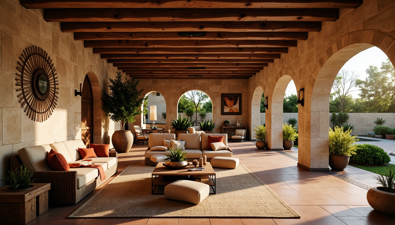 Prompt: Cozy basement, exposed wooden beams, rustic stone walls, earthy color palette, soft warm lighting, ambient shadows, natural textures, woven textiles, vintage decorative accents, Mediterranean-inspired furnishings, curved archways, ornate metalwork, warm terracotta flooring, lush greenery, sunny outdoor spaces, private courtyard, serene ambiance, shallow depth of field, 1/2 composition, realistic rendering.