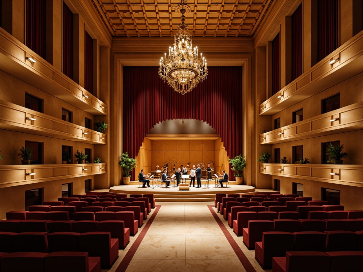 Prompt: Elegant concert hall, rich wood tones, warm golden lighting, grand chandeliers, soft box seating, ornate balconies, velvet curtains, polished marble floors, sophisticated sound systems, minimal stage design, subtle color palette, warm spotlights, gentle wash lights, dramatic high ceiling, opulent interior architecture, refined acoustic treatment, intimate atmosphere, classic music instruments, vintage musical equipment, warm beige walls, dark wood accents, soft diffused lighting, 1/2 composition, cinematic camera angles, realistic shadows, detailed textures.