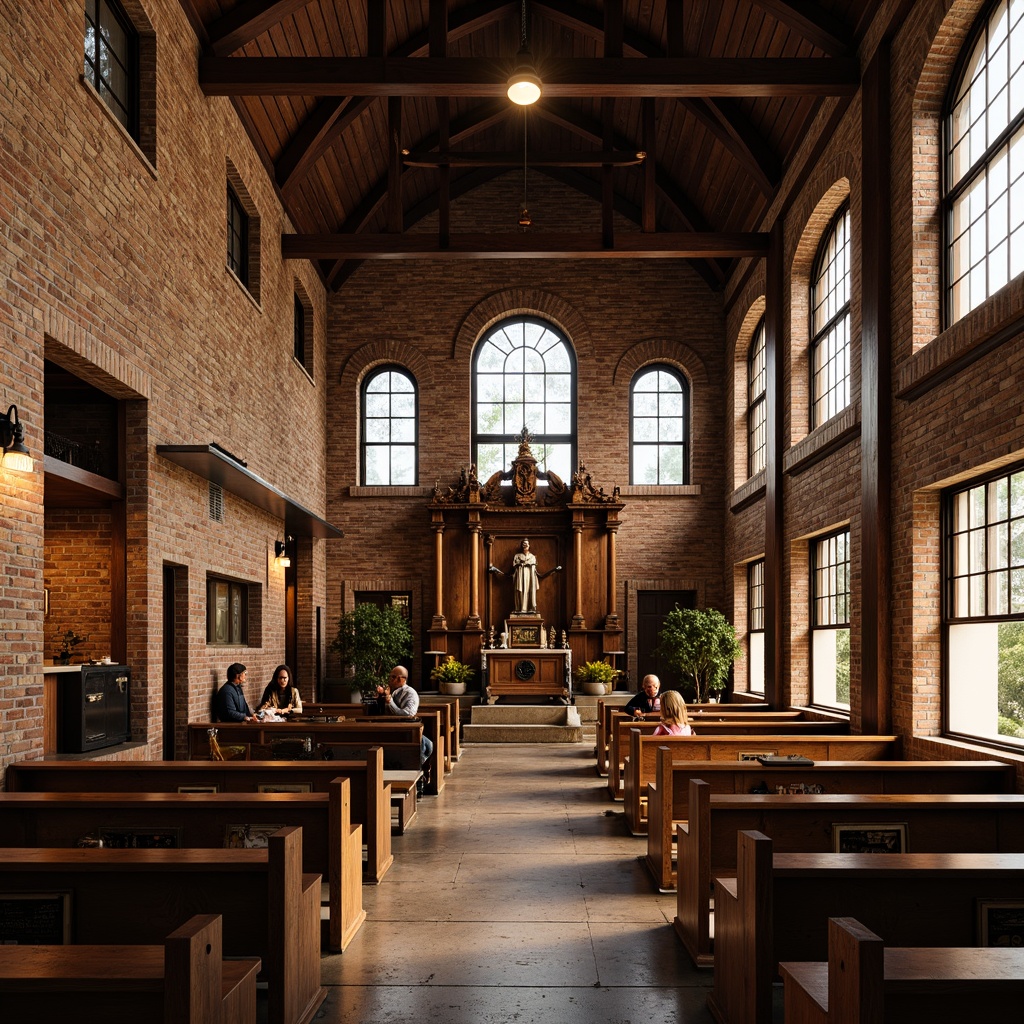 Prompt: Rustic church interior, exposed brick walls, wooden beams, metal accents, industrial lighting fixtures, reclaimed wood pews, vintage machinery parts, distressed metal doors, earthy color palette, natural stone flooring, stained glass windows, dramatic high ceilings, ornate wooden altarpiece, candlelit ambiance, warm soft lighting, shallow depth of field, 1/2 composition, symmetrical framing, realistic textures, ambient occlusion.