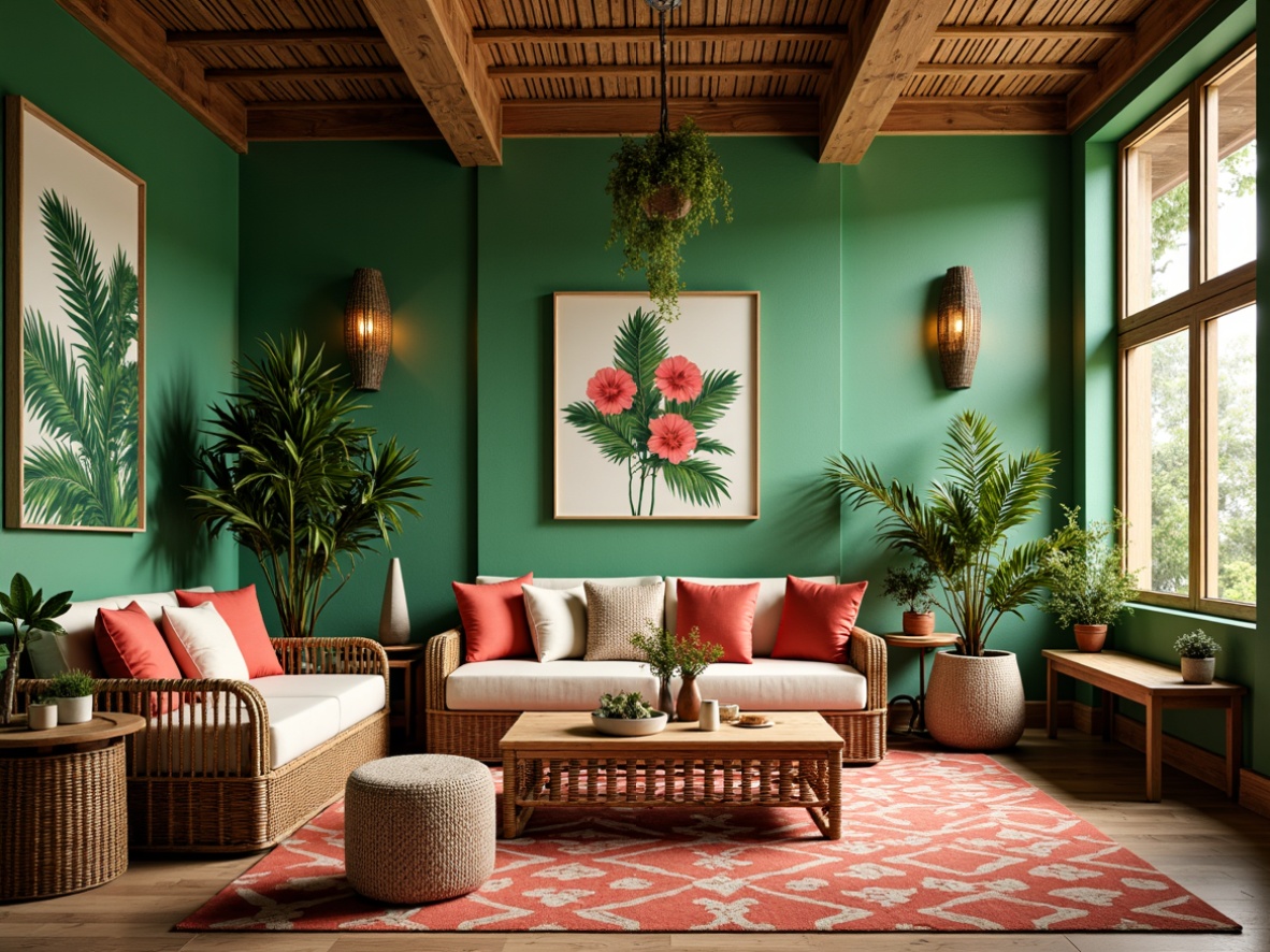 Prompt: Vibrant tropical interior, lush green walls, natural wood accents, woven rattan furniture, exotic patterned textiles, bright coral hues, soft turquoise shades, creamy whites, warm golden lighting, shallow depth of field, 3/4 composition, panoramic view, realistic textures, ambient occlusion.