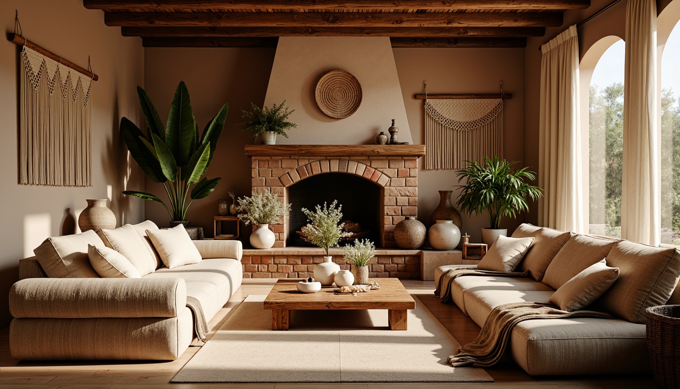 Prompt: Cozy living room, plush throw blankets, soft cushions, warm earthy tones, natural fabrics, woven baskets, macrame wall hangings, Moroccan-inspired tiles, rustic wooden furniture, comfortable seating areas, floor lamps, warm cozy lighting, shallow depth of field, 1/1 composition, intimate atmosphere, realistic textures, ambient occlusion.