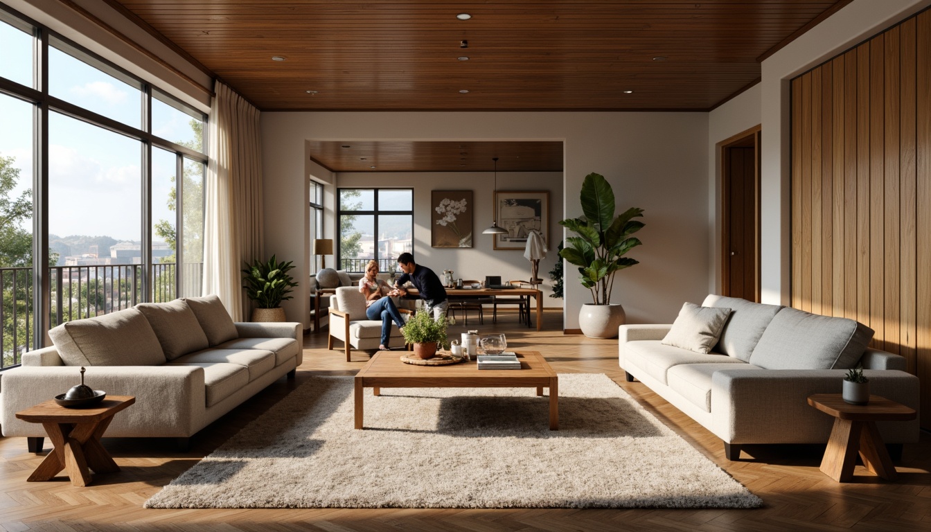 Prompt: Cozy living room, comfortable sofas, wooden coffee tables, plush area rugs, floor lamps, minimalist decor, spacious layout, optimal traffic flow, functional zones, ergonomic seating, acoustic panels, natural wood accents, earthy color palette, soft warm lighting, 1/1 composition, shallow depth of field, realistic textures, ambient occlusion.