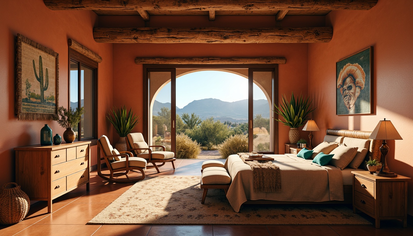 Prompt: Southwestern bedroom, warm terracotta walls, earthy brown furniture, vibrant turquoise accents, soft sandy beige bedding, natural woven textiles, rustic wooden decor, geometric patterned rug, sunny desert landscape, cacti plants, blue sky, warm golden lighting, shallow depth of field, 3/4 composition, panoramic view, realistic textures, ambient occlusion.