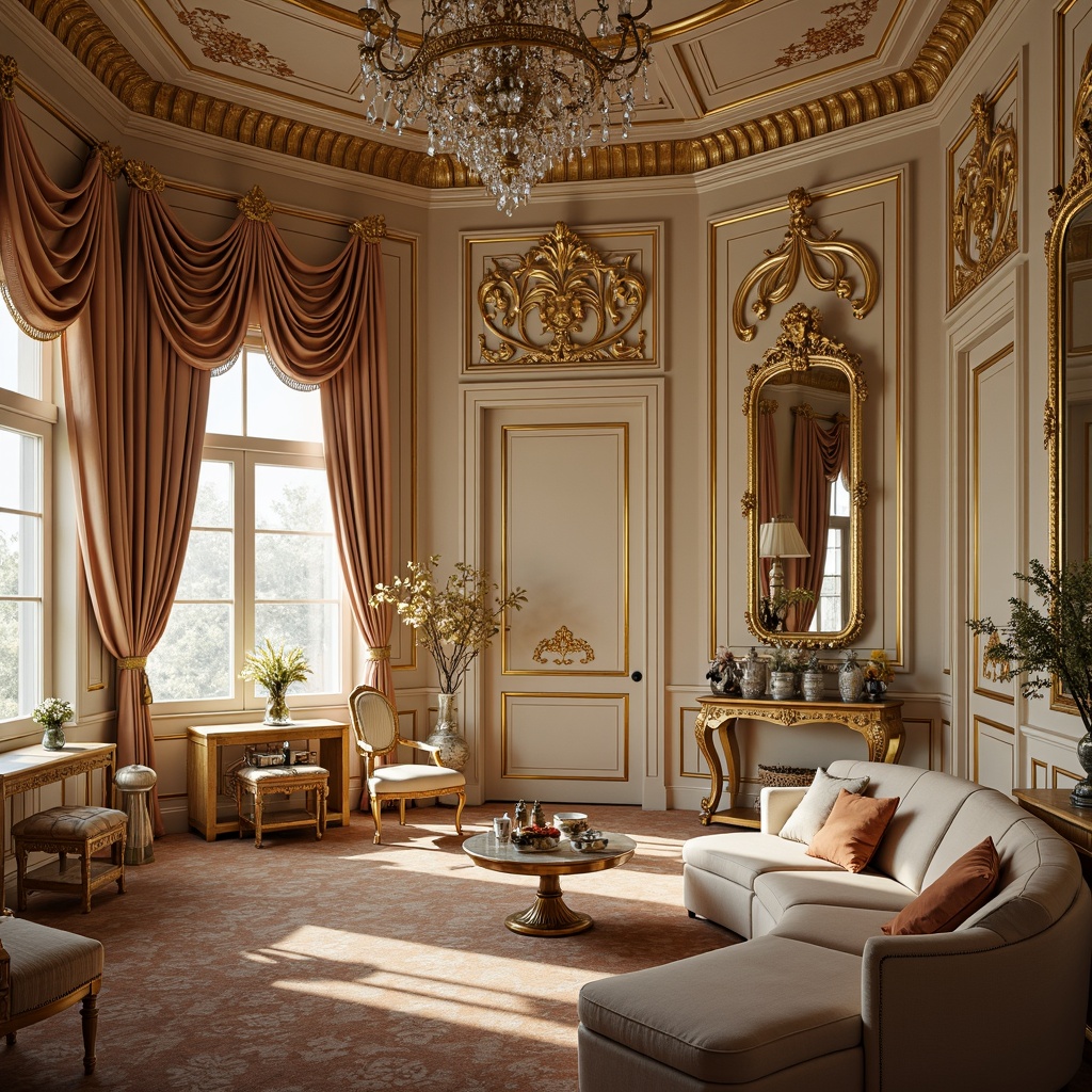 Prompt: Opulent palace interior, lavish furnishings, intricately carved wood paneling, gilded ornaments, crystal chandeliers, soft silk upholstery, delicate porcelain vases, ornate mirrors, curved lines, scrolling acanthus motifs, pastel color palette, warm golden lighting, subtle sheen on fabrics, shallow depth of field, 1/1 composition, intimate atmosphere, realistic textures, ambient occlusion.