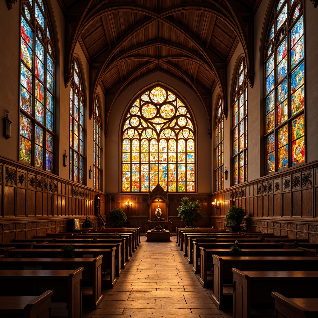 Prompt: Rustic church interior, vibrant stained glass windows, warm golden lighting, intricate geometric patterns, rich jewel tones, ornate wooden pews, stone walls, vaulted ceilings, grandiose architecture, colorful refracted light, soft diffused illumination, 1/2 composition, symmetrical framing, high contrast ratio, realistic textures, ambient occlusion.