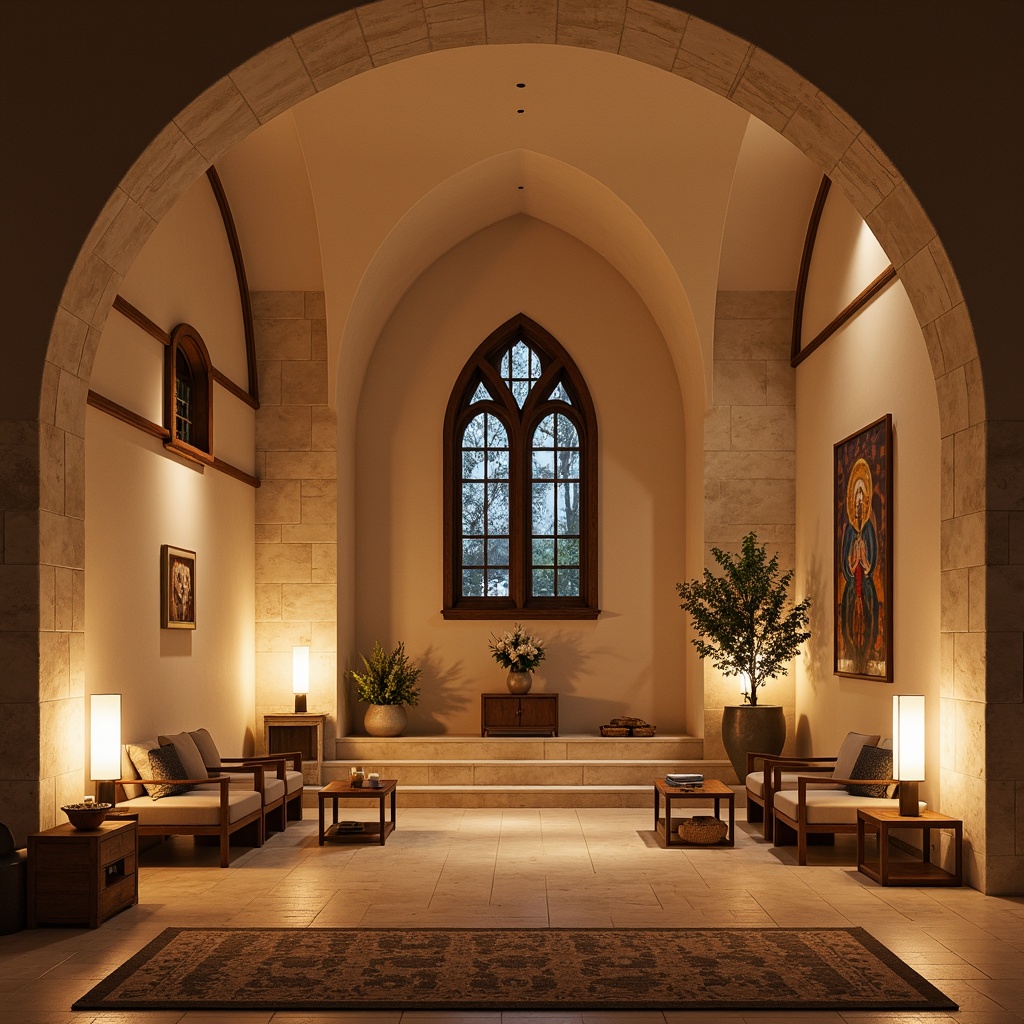 Prompt: Warm monastery interior, soft warm lighting, minimalist modern decor, subtle color palette, natural stone walls, wooden accents, simple furnishings, cozy reading nooks, floor lamps, table lamps, pendant lights, LED strips, indirect lighting, calm atmosphere, peaceful ambiance, vaulted ceilings, stained glass windows, ornate fixtures, metallic accents, spiritual artifacts, serene spaces, contemplative mood, warm beige tones, soft cream hues, gentle shadows, 1/1 composition, natural textures, ambient occlusion.