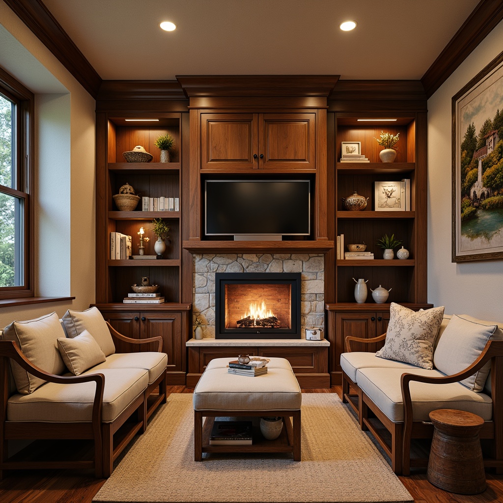 Prompt: Cozy cabinetry, rich wood tones, ornate metalwork, built-in shelving, window seats, banquettes, breakfast nooks, custom cabinetry, soft warm lighting, natural stone fireplaces, earthy color palette, rustic charm, vintage hardware, decorative trims, plush textiles, inviting ambiance, warm beige walls, wooden flooring, comfortable seating areas, intimate gathering spaces, soft focus photography, 1/1 composition, realistic textures, ambient occlusion.