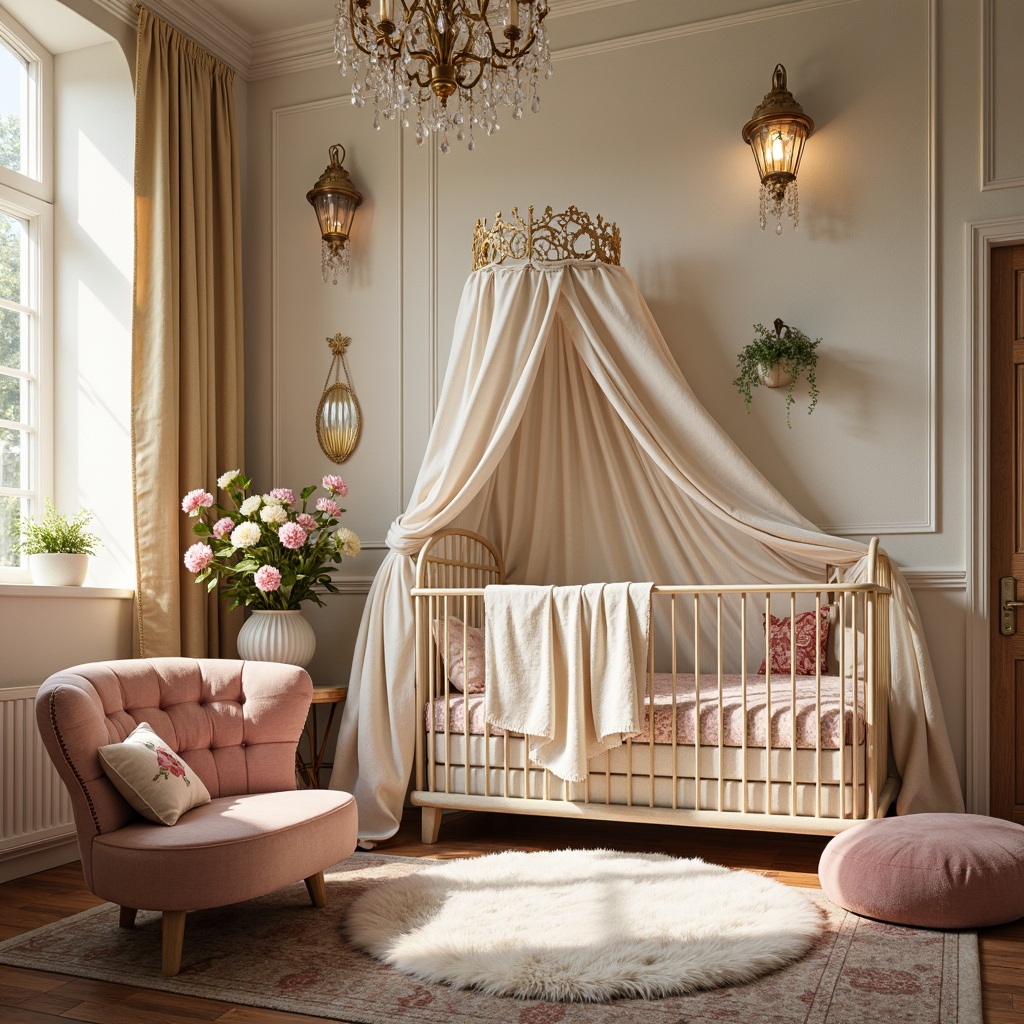 Prompt: Whimsical nursery, soft pastel colors, delicate florals, ornate metalwork, flowing curves, nature-inspired patterns, warm creamy lighting, antique bronze fixtures, intricate glass shades, beaded chandeliers, dainty sconces, textured wallpaper, plush area rugs, velvet drapes, Victorian-era elegance, dreamy atmosphere, subtle sparkle, 1/1 composition, intimate focal point, softbox lighting.