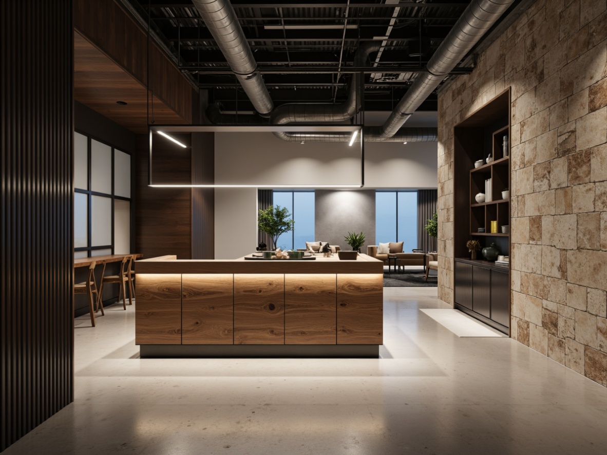 Prompt: Minimalist interior, sleek lines, polished chrome accents, matte black finishes, warm wood tones, natural stone textures, soft-close cabinetry, frosted glass partitions, industrial-chic metal beams, exposed ductwork, neutral color palette, ambient lighting, subtle shadows, 1/1 composition, shallow depth of field, realistic reflections.