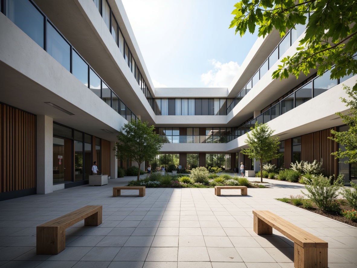 Prompt: Sleek high school building, minimalist architecture, open courtyard, natural stone flooring, wooden benches, modern lighting fixtures, floor-to-ceiling windows, glass railings, subtle color palette, abundant greenery, calm atmosphere, soft diffused lighting, shallow depth of field, 3/4 composition, panoramic view, realistic textures, ambient occlusion.