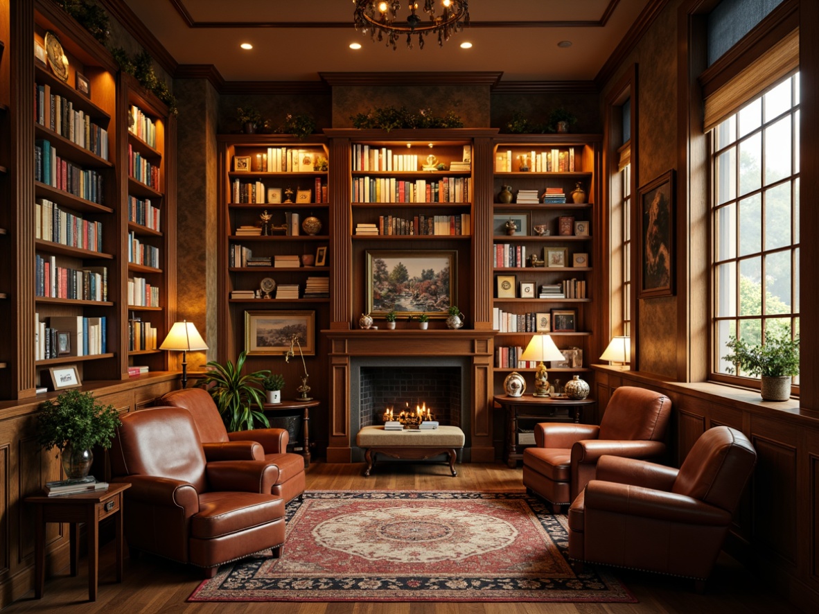 Prompt: Cozy bookstore interior, warm wooden shelves, rich leather armchairs, vintage book collections, soft golden lighting, earthy tone walls, comfortable reading nooks, rustic wooden tables, classic literature displays, ornate metal lamps, plush area rugs, calming atmosphere, shallow depth of field, 1/2 composition, warm color harmony, realistic textures.