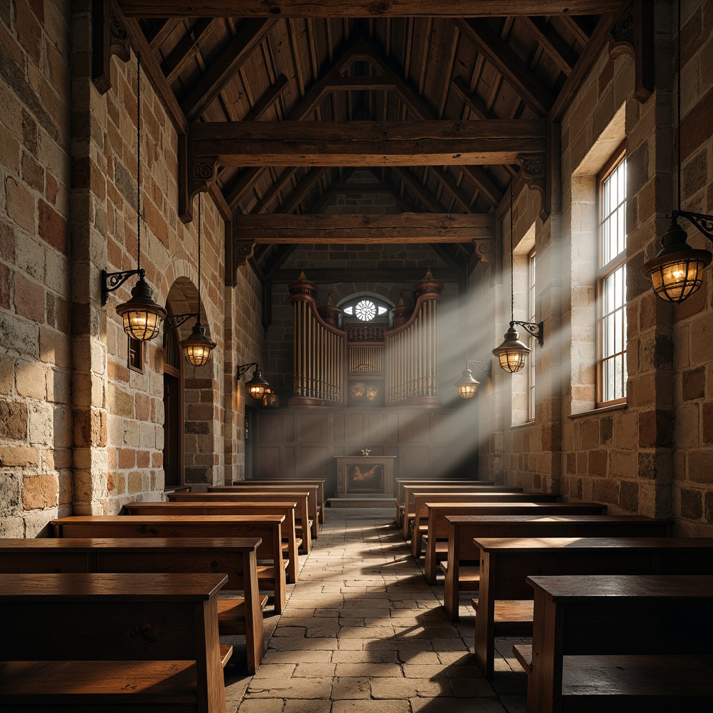 Prompt: Rustic church interior, vaulted ceiling, ancient stone walls, worn wooden pews, stained glass windows, soft warm lighting, dramatic shadows, ornate chandeliers, grandiose organ pipes, intricate carvings, weathered wooden beams, earthy tones, natural textures, symmetrical composition, high-angle shot, atmospheric mist, mysterious ambiance.