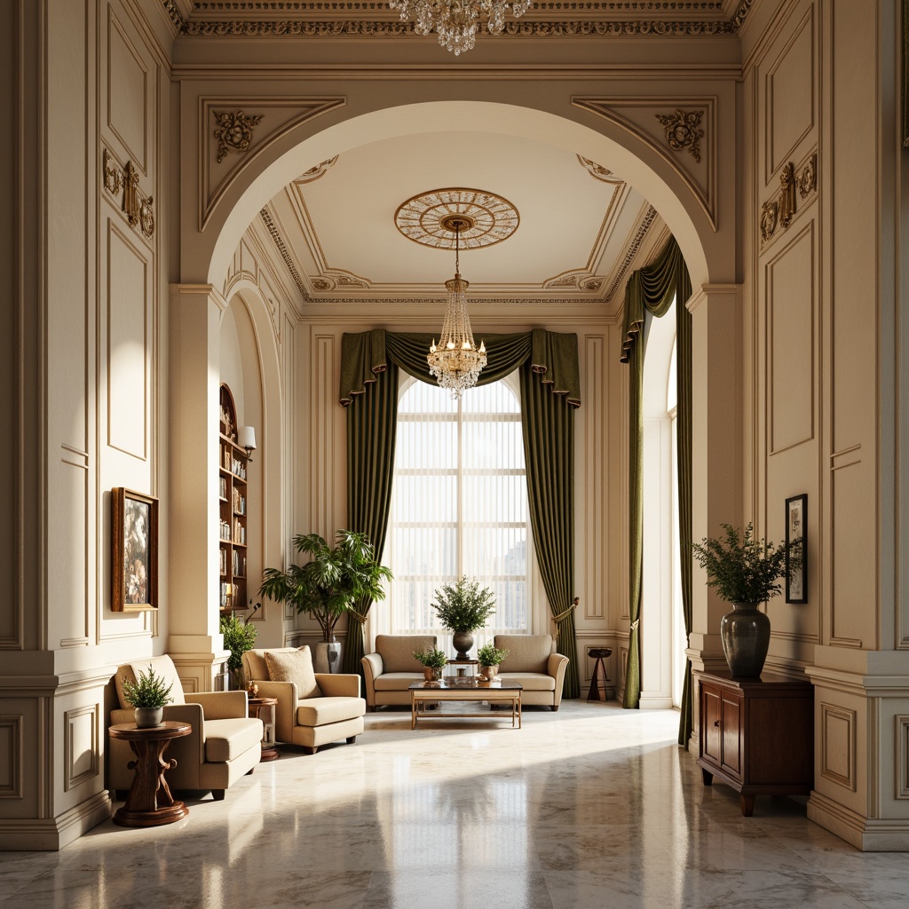 Prompt: Elegant classic interior, ornate wall moldings, neutral beige color palette, rich velvet fabrics, intricate wooden paneling, ornamental ceiling decorations, crystal chandeliers, luxurious marble flooring, tall arched windows, soft warm lighting, shallow depth of field, 1/2 composition, realistic textures, ambient occlusion.