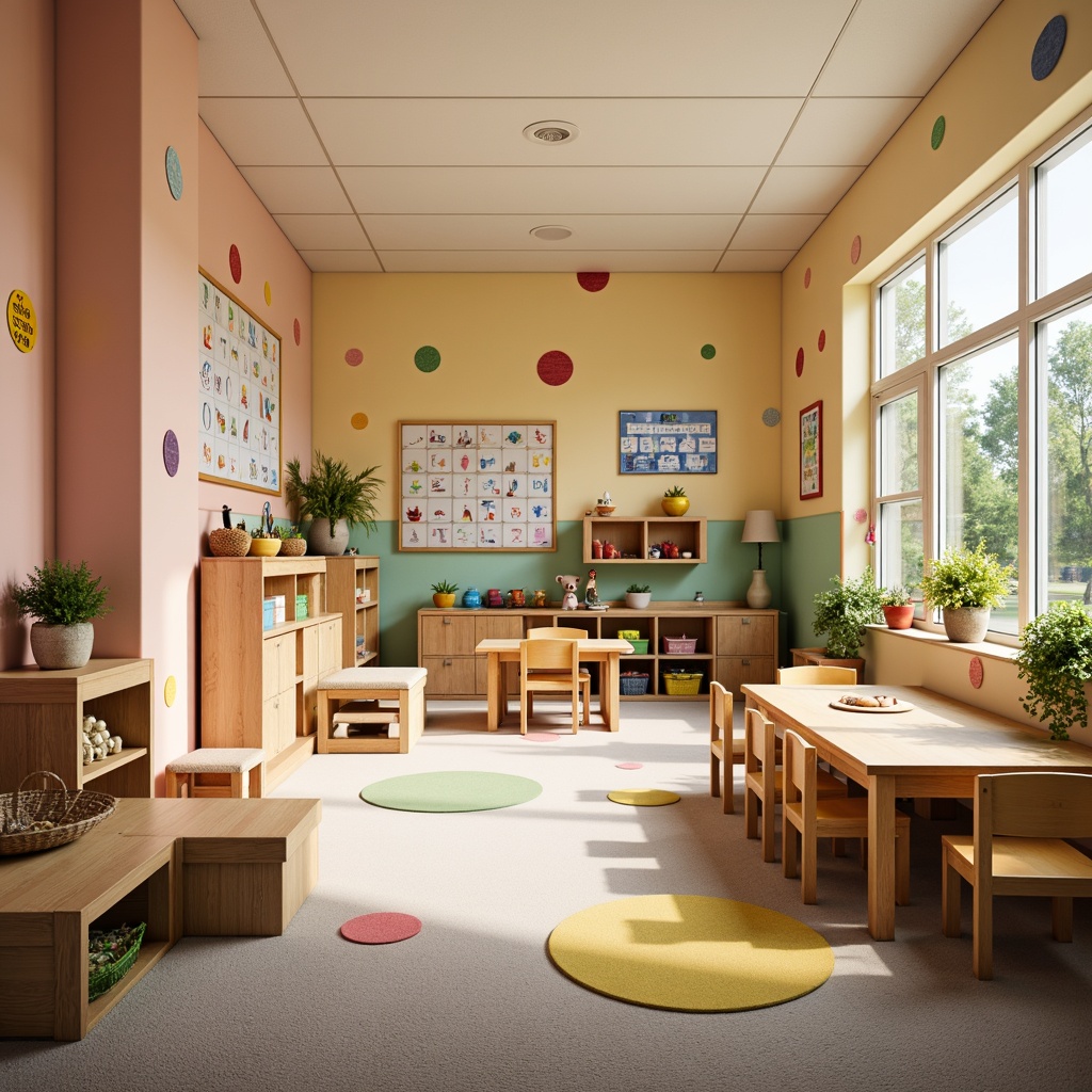 Prompt: Vibrant kindergarten interior, bright primary colors, pastel hues, whimsical murals, playful polka dots, soft carpeted floors, wooden furniture, rounded edges, natural light, warm beige walls, colorful storage bins, educational posters, alphabet decorations, number lines, cheerful artwork, gentle ambient lighting, shallow depth of field, 1/1 composition, realistic textures, ambient occlusion.