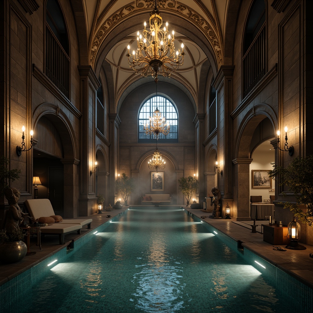 Prompt: Mysterious Gothic-style swimming pool area, dark stone walls, ornate arches, grandiose chandeliers, lavish velvet drapes, eerie candlelight, misty atmosphere, mysterious fog effects, ancient-inspired statues, intricately carved wooden benches, mystical lanterns, dramatic spotlights, warm golden lighting, shallow depth of field, 1/1 composition, symmetrical view, realistic water textures, ambient occlusion.