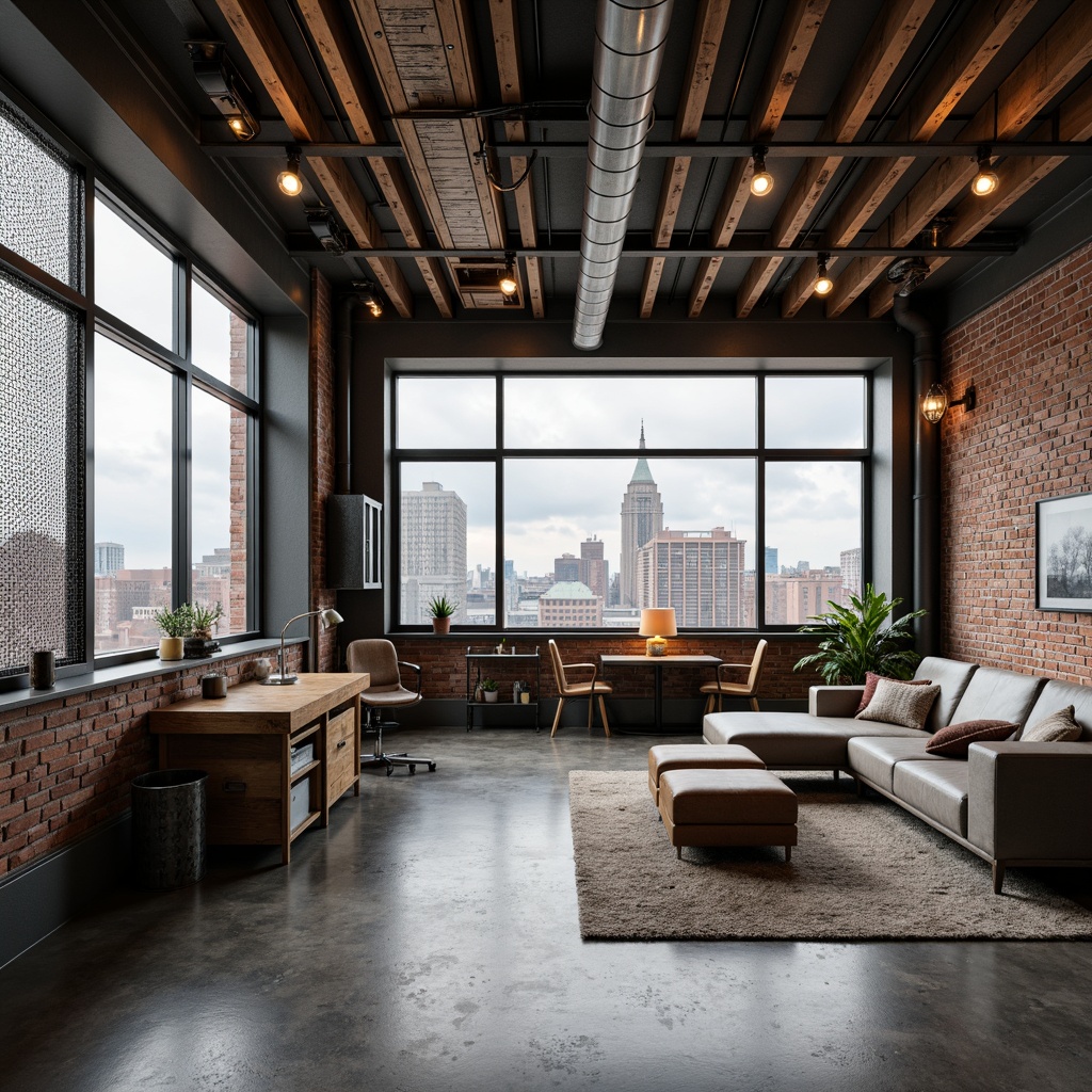 Prompt: Urban loft apartment, exposed steel beams, industrial chic aesthetic, reclaimed wood accents, metal mesh panels, Edison bulb lighting, distressed brick walls, polished concrete floors, minimalist decor, functional pipes, urban skyline views, cloudy day, soft natural light, shallow depth of field, 1/1 composition, realistic textures, ambient occlusion.