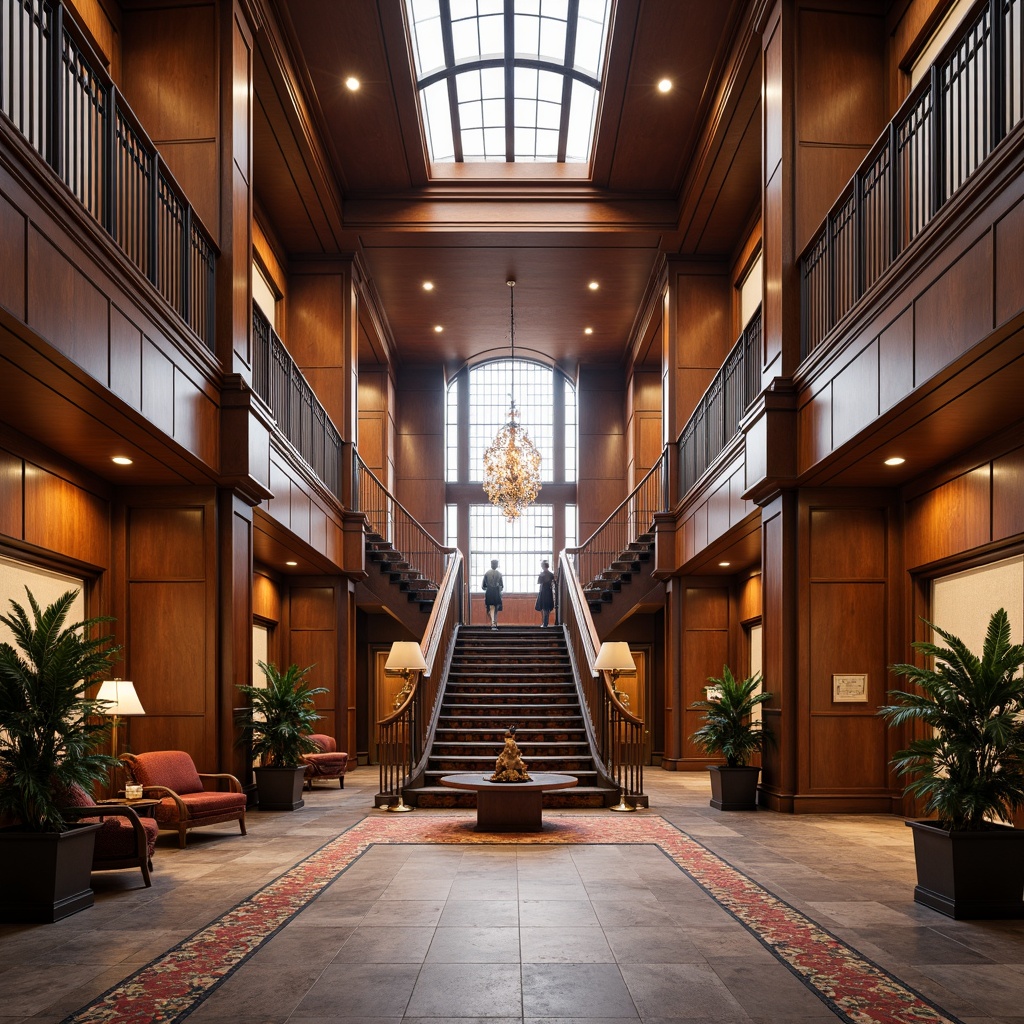 Prompt: Grand courthouse entrance, dramatic staircase, high ceilings, ornate details, rich wood paneling, sleek metal accents, vibrant natural light, warm ambiance, softbox lighting, subtle color temperature shifts, 3/4 composition, symmetrical framing, shallow depth of field, realistic textures, ambient occlusion, imposing columns, intricate moldings, bold geometric shapes, eclectic furniture pieces, luxurious carpets, grand chandeliers, postmodernist ornateness, playful use of materials, innovative lighting fixtures.