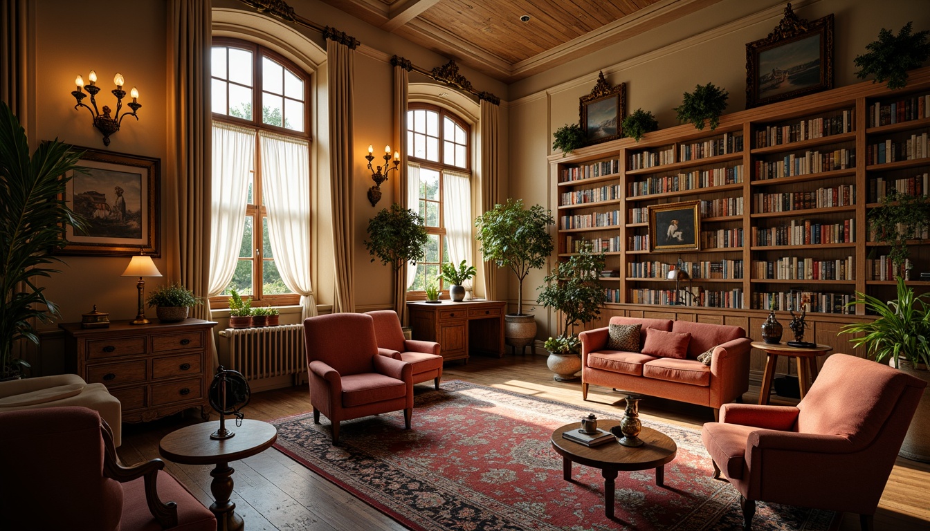 Prompt: Cozy library atmosphere, warm wooden bookshelves, comfortable reading nooks, plush armchairs, soft velvet sofas, rustic coffee tables, vintage metal lamps, ornate wooden desks, leather-bound books, richly patterned rugs, warm beige walls, large windows with natural light, sheer white curtains, plants on shelves, subtle aroma of old books, warm golden lighting, shallow depth of field, 1/1 composition, realistic textures, ambient occlusion.