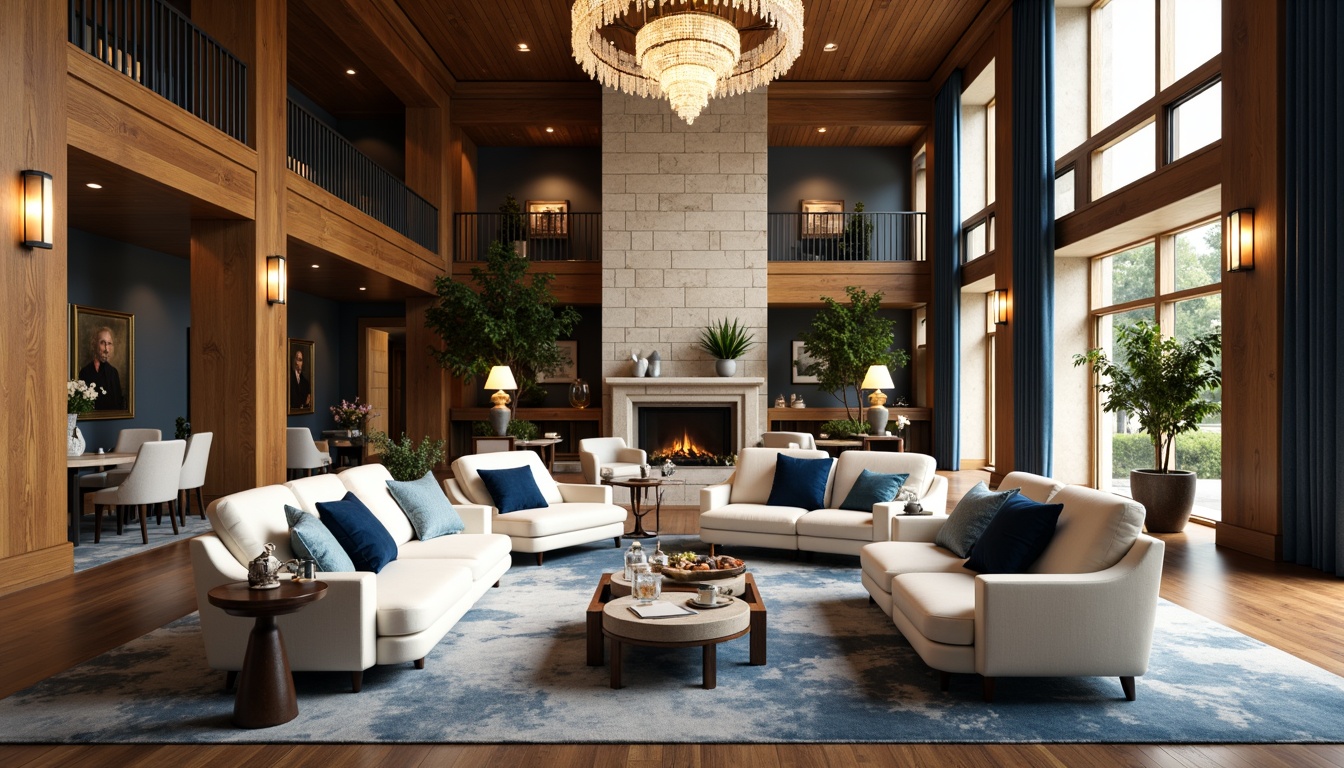 Prompt: Elegant great room, luxurious furnishings, rich wood tones, creamy whites, deep blues, warm golden lighting, plush velvet textures, ornate crystal chandeliers, floor-to-ceiling windows, natural stone fireplaces, sophisticated color blocking, 3D visual depth, atmospheric perspective, soft focus blur, cinematic composition, realistic fabric rendering.