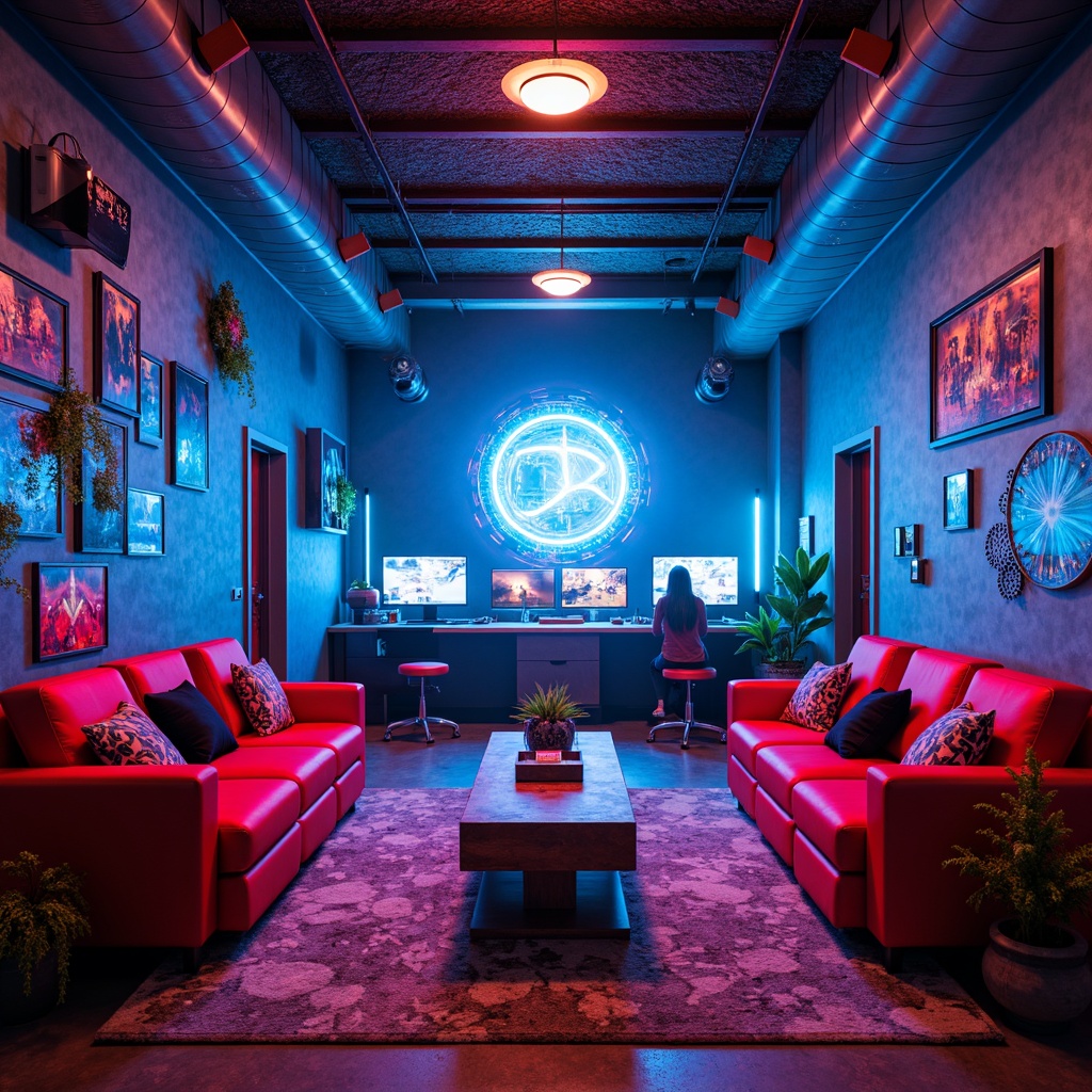 Prompt: Vibrant game room, bold color scheme, neon accents, futuristic glow, electric blue walls, fiery red furniture, metallic silver decorations, luminescent green lighting, dynamic shadows, high-tech gadgets, sleek consoles, immersive gaming experience, atmospheric fog effects, dramatic spotlights, cinematic sound systems, urban loft interior, industrial-chic decor, reclaimed wood accents, distressed metal textures, edgy graffiti patterns, trendy geometric shapes.