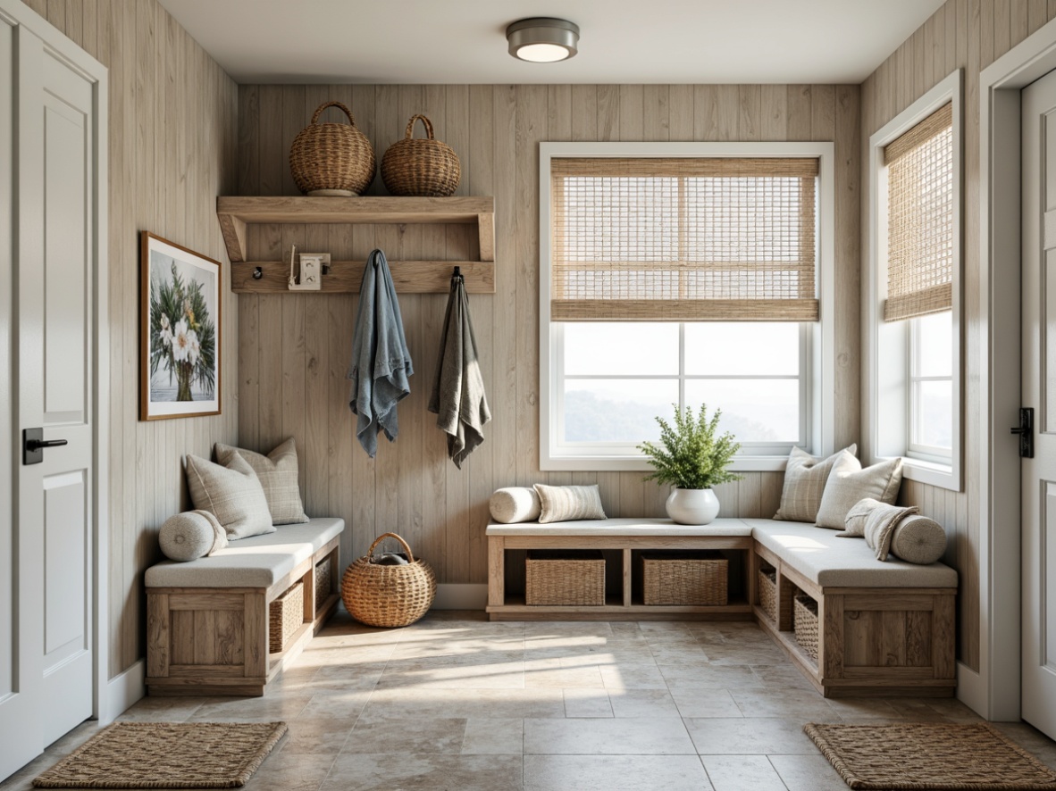 Prompt: Coastal-style mudroom, natural driftwood accents, weathered wooden planks, sandy beige flooring, woven sea grass mats, nautical-themed area rugs, distressed stone tiles, ocean-inspired ceramic mosaics, soft blue-gray color palette, rustic metal decor, reclaimed wood benches, woven wicker storage, surfboard-inspired shelves, warm white lighting, soft focus photography, 1/2 composition, shallow depth of field.