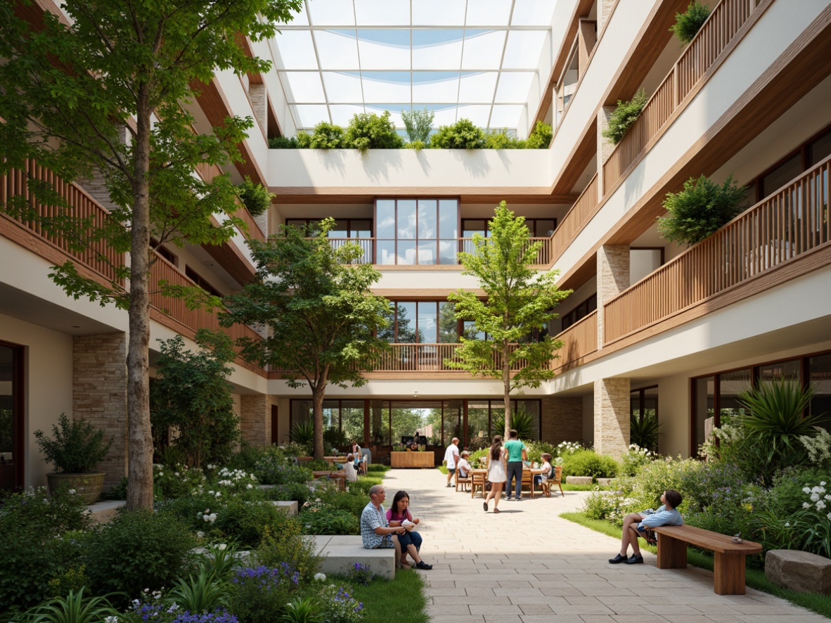 Prompt: Vibrant atrium, lush greenery, natural stone walls, wooden accents, floor-to-ceiling windows, clerestory windows, skylights, open floor plans, minimalist decor, warm beige tones, soft diffused lighting, indirect sunlight, ambient shadows, 3/4 composition, panoramic view, realistic textures, ambient occlusion.