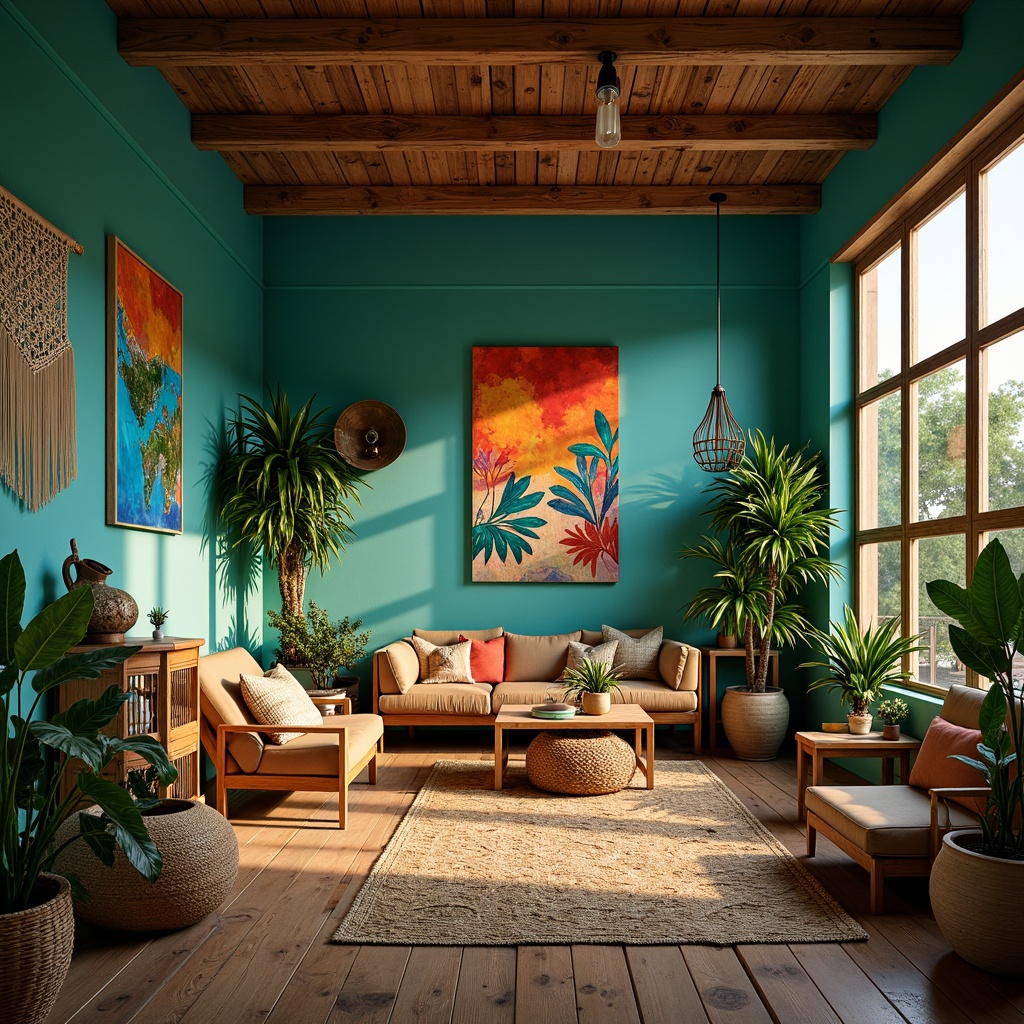 Prompt: Vibrant artistic studio, eclectic bohemian decor, rich turquoise walls, reclaimed wood floors, bold abstract artwork, eclectic furniture pieces, lush greenery, natural textiles, woven baskets, macrame wall hangings, warm golden lighting, soft ambient glow, shallow depth of field, 1/1 composition, realistic textures, atmospheric perspective.