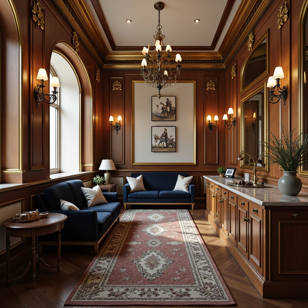 Prompt: \Elegant classical interior, rich wood tones, ornate gold accents, soft cream walls, velvety dark blue furniture, luxurious silk fabrics, intricate patterned rugs, refined bronze lighting fixtures, sophisticated marble countertops, vintage decorative accessories, warm candlelight, shallow depth of field, 1/1 composition, harmonious color balance, realistic textures, ambient occlusion.\