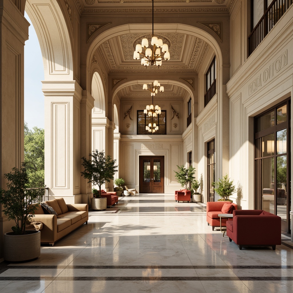 Prompt: \Grandiose interior, neoclassical architecture, ornate details, lavish furnishings, marble flooring, intricate patterns, subtle sheen, cream-colored walls, rich wood accents, opulent chandeliers, stately columns, elegant archways, sophisticated atmosphere, soft warm lighting, shallow depth of field, 1/1 composition, realistic textures, ambient occlusion.\