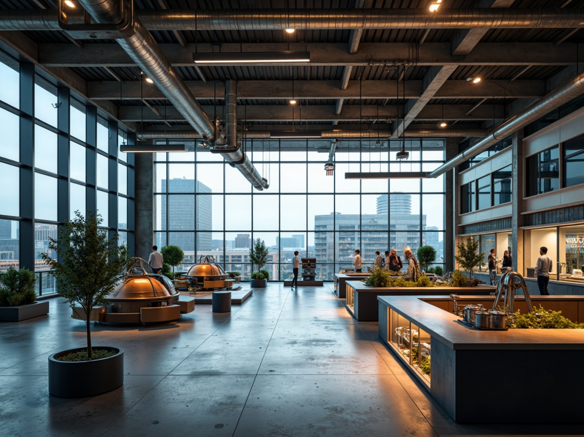 Prompt: Retro-futuristic science center, exposed steel beams, industrial pipes, polished concrete floors, modern laboratory equipment, futuristic experiment stations, neon-lit signage, sleek metal railings, minimalist decor, natural light pouring in, high ceilings, open atrium, dynamic angular lines, urban cityscape views, overcast day, soft box lighting, shallow depth of field, 2/3 composition, cinematic camera angles, realistic metallic textures, ambient occlusion.