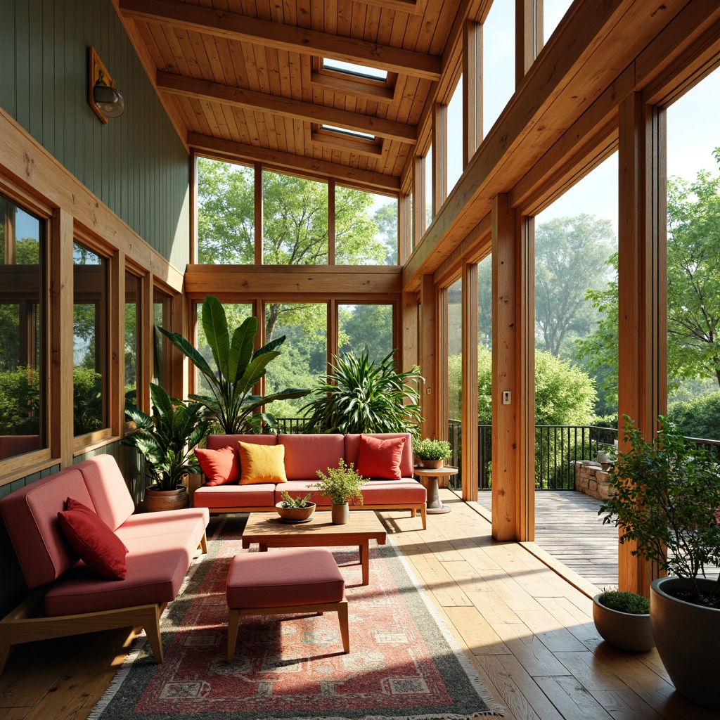 Prompt: Vibrant sunroom, mid-century modern style, large windows, sliding glass doors, natural light, warm wood tones, minimalist decor, comfortable seating areas, lush greenery, potted plants, geometric patterns, bold color accents, organic textures, rustic wooden floors, clerestory windows, skylights, soft diffused lighting, 1/1 composition, shallow depth of field, realistic render.