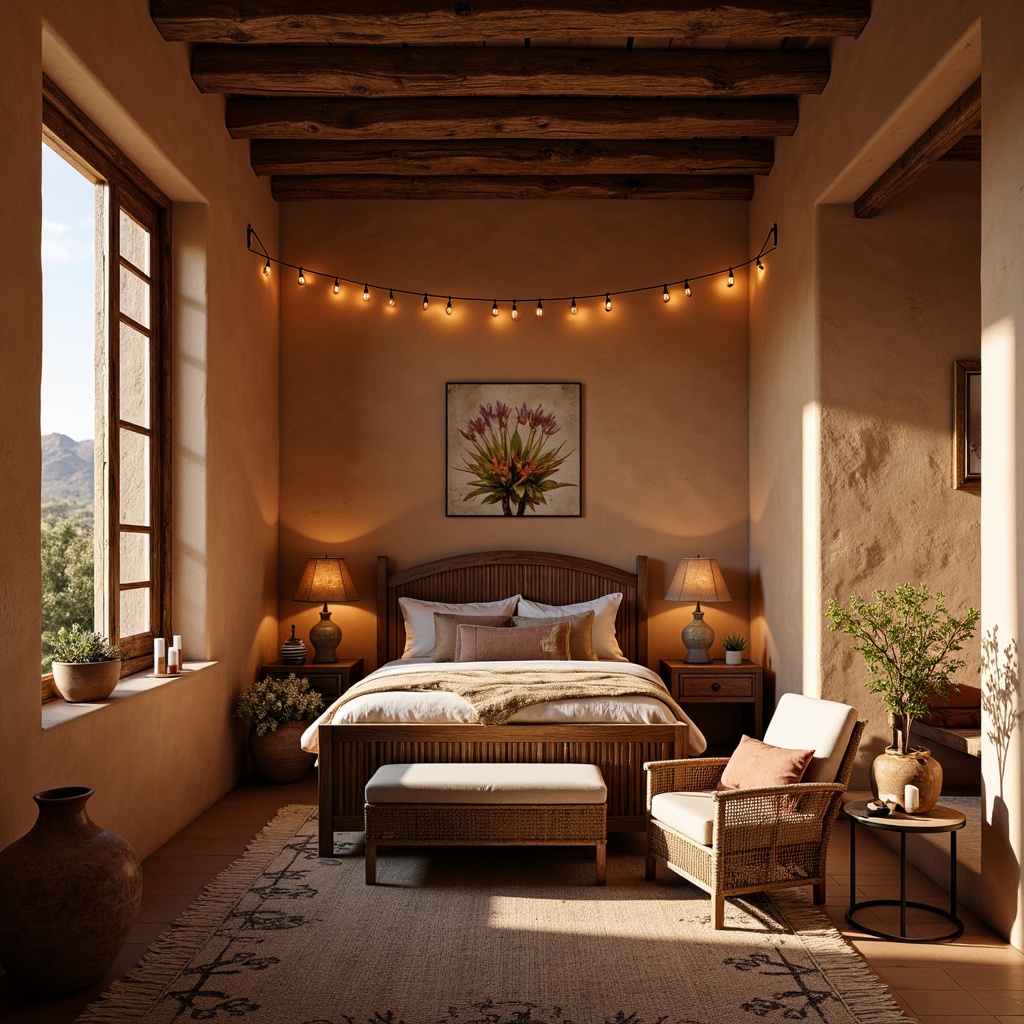 Prompt: Warm adobe-style bedroom, rustic wooden furniture, earthy color palette, soft warm lighting, table lamps with woven wicker shades, floor lamps with terracotta pottery bases, candles in mercury glass holders, string lights with tiny pendant lanterns, natural fiber rugs, woven textiles, vintage Native American-inspired patterns, distressed wood accents, wrought iron fixtures, cozy reading nooks, plush throw blankets, sunny desert morning, shallow depth of field, 1/2 composition, soft focus effect.