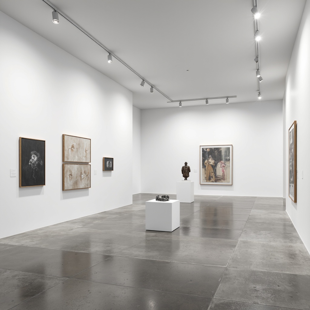 Prompt: Minimalist white gallery space, clean lines, simple shapes, elegant lighting, polished concrete floor, white walls, modern art displays, abstract paintings, sculptures on pedestals, spotlights, subtle shadows, empty space, calm atmosphere, soft natural light, 1/1 composition, shallow depth of field, realistic textures, ambient occlusion.