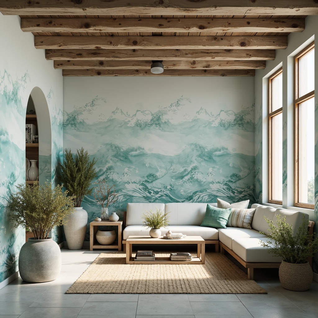 Prompt: Coastal-themed interior, soft blue-green hues, ocean-inspired tile patterns, wave-like motifs, natural stone textures, driftwood accents, woven jute rugs, nautical ropes, distressed wood finishes, sea-glass vases, coral-colored ceramics, beachy keen lighting, 1/1 composition, intimate warm atmosphere, realistic renderings.