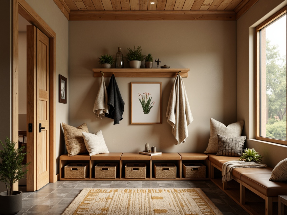 Prompt: Cozy mudroom, warm earthy tones, natural wood accents, rustic metal decor, plush area rug, woven storage baskets, soft overhead lighting, calming beige walls, rich brown leather benches, decorative stone flooring, botanical greenery, nature-inspired artwork, serene atmosphere, 1/2 composition, warm golden lighting, realistic textures.