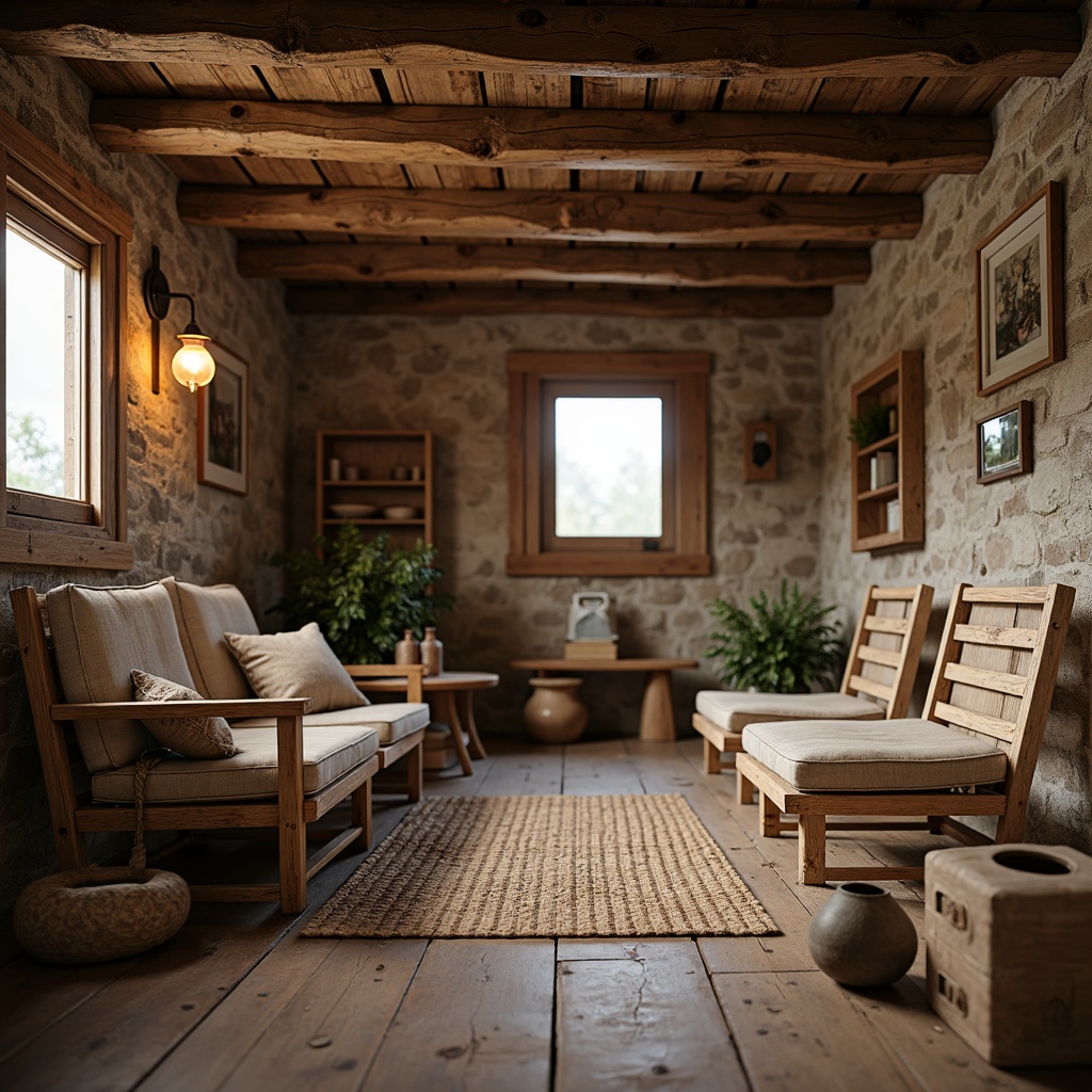 Prompt: Distressed wood planks, reclaimed barnwood, earthy tones, natural textures, wooden beams, stone foundations, cozy cabin atmosphere, warm ambient lighting, rustic country charm, vintage decorative elements, worn wooden furniture, soft warm colors, organic patterns, earthenware accents, woven textiles, natural fiber rugs, earthy scents, 3/4 composition, shallow depth of field, realistic wood grain textures.