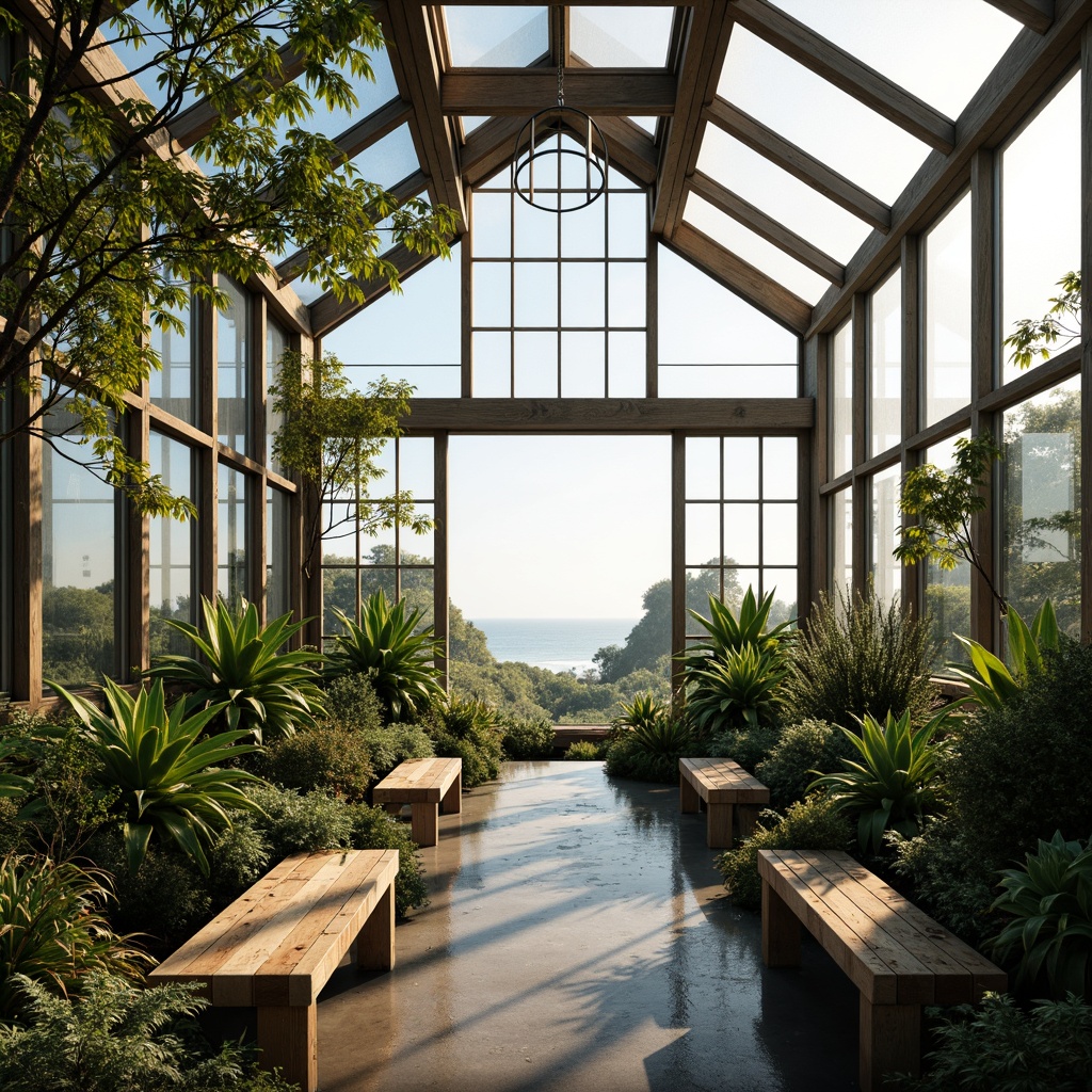 Prompt: Coastal style greenhouses, abundant natural light, ocean views, transparent glass roofs, minimalist steel frames, reclaimed wood accents, rustic wooden benches, lush tropical plants, hanging ferns, soft warm ambiance, morning sunlight, gentle sea breeze, misty atmosphere, 1/1 composition, shallow depth of field, realistic plant textures, subtle color palette.