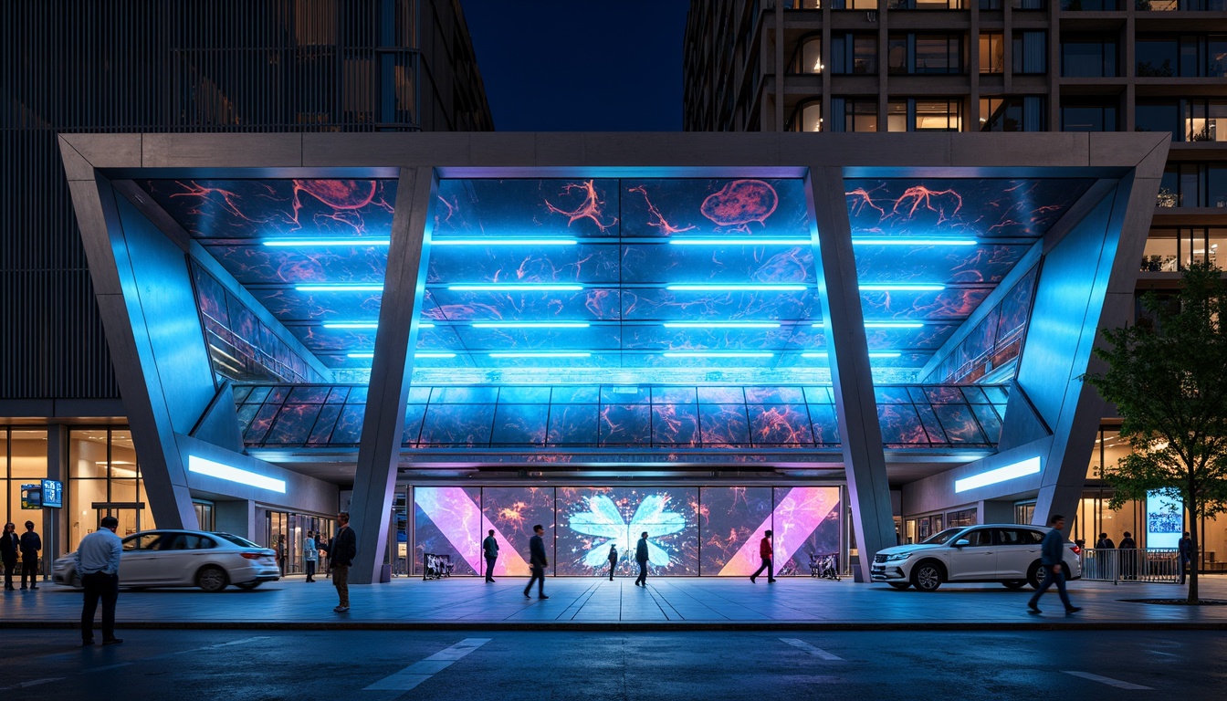 Prompt: Futuristic bus station, neon-lit canopy, sleek metallic pillars, holographic advertisements, LED light strips, glowing blue accents, iridescent glass fa\u00e7ade, angular architecture, minimalist design, sustainable energy solutions, solar panels, wind turbines, dynamic lighting effects, 3D projection mapping, vibrant colorful patterns, intricate geometric motifs, shallow depth of field, 1/2 composition, panoramic view, realistic textures, ambient occlusion.