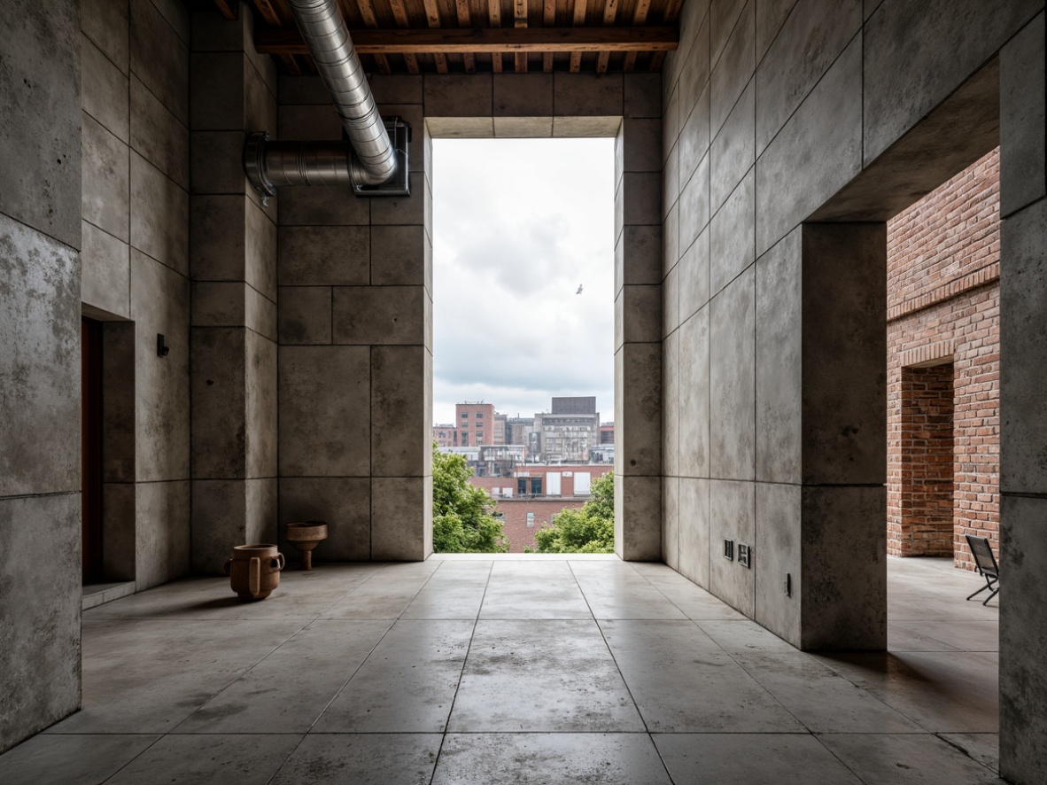 Prompt: Exposed concrete walls, rough-hewn stone textures, rugged metal beams, industrial-style pipes, minimalist decor, raw unfinished wood accents, distressed brick facades, brutalist monumentality, dramatic natural light, high-contrast shadows, bold geometric forms, fortress-like structures, urban cityscape background, overcast skies, harsh direct lighting, 1-point perspective composition, detailed textures, ambient occlusion.