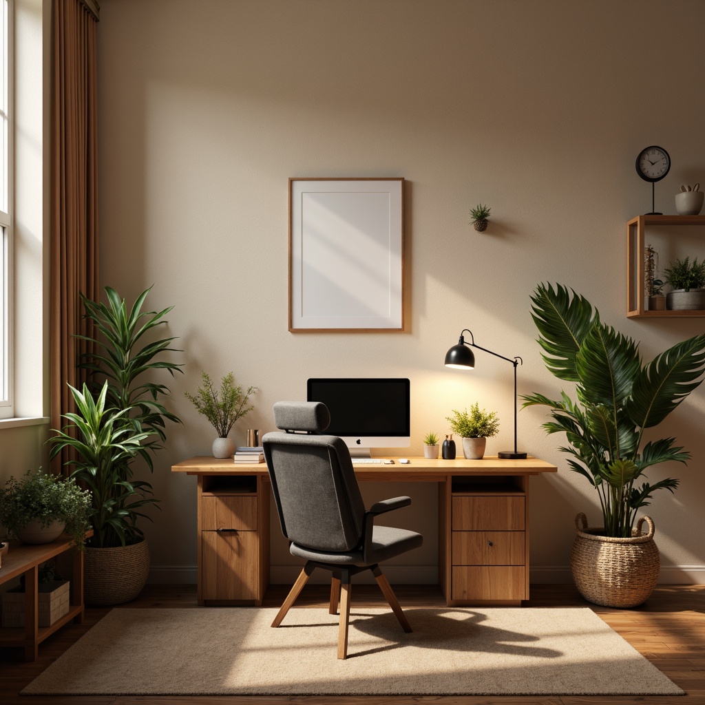 Prompt: Cozy home office, warm neutral tones, wooden desk, ergonomic chair, natural textures, plants, softbox lights, table lamps, floor lamps, warm white lighting, 3/4 composition, shallow depth of field, realistic rendering, ambient occlusion, comfortable workspace, minimal decor, inspiring artwork, organized storage, calming atmosphere, productive environment.