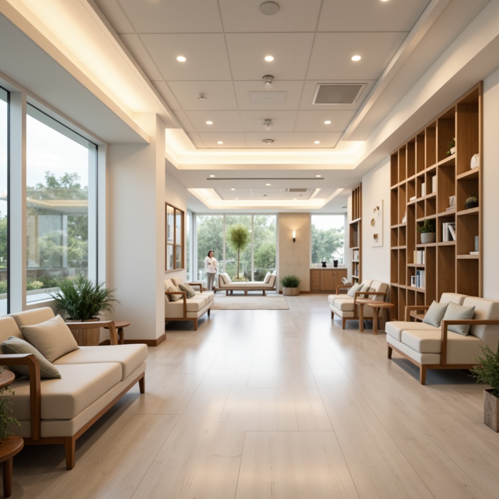 Prompt: Soothing healthcare facility, calming neutral tones, creamy whites, gentle beiges, soft grays, natural wood accents, minimalist decor, comfortable seating areas, warm LED lighting, serene ambiance, peaceful atmosphere, medical equipment, stainless steel surfaces, hygienic environments, private patient rooms, large windows, abundance of natural light, shallow depth of field, 1/1 composition, realistic textures, ambient occlusion.