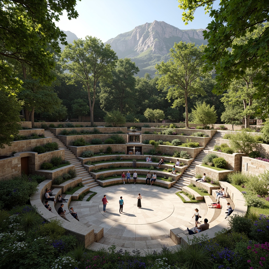 Prompt: Natural stone amphitheater, tiered seating, lush green surroundings, tranquil atmosphere, sound-reflecting surfaces, optimized acoustic design, clear vocal projections, crisp instrument sounds, minimal echo effects, audience engagement, intimate performance settings, warm sunlight filtering, gentle breeze whispers, subtle natural ambiance, 1/2 composition, shallow depth of field, soft focus blur.