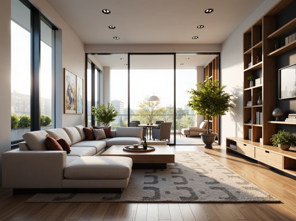 Prompt: Modern living room, sleek furniture, minimalist decor, functional layout, comfortable seating area, wooden coffee table, plush sofas, geometric-patterned rug, floor-to-ceiling windows, natural daylight, soft warm lighting, 1/2 composition, shallow depth of field, realistic textures, ambient occlusion.