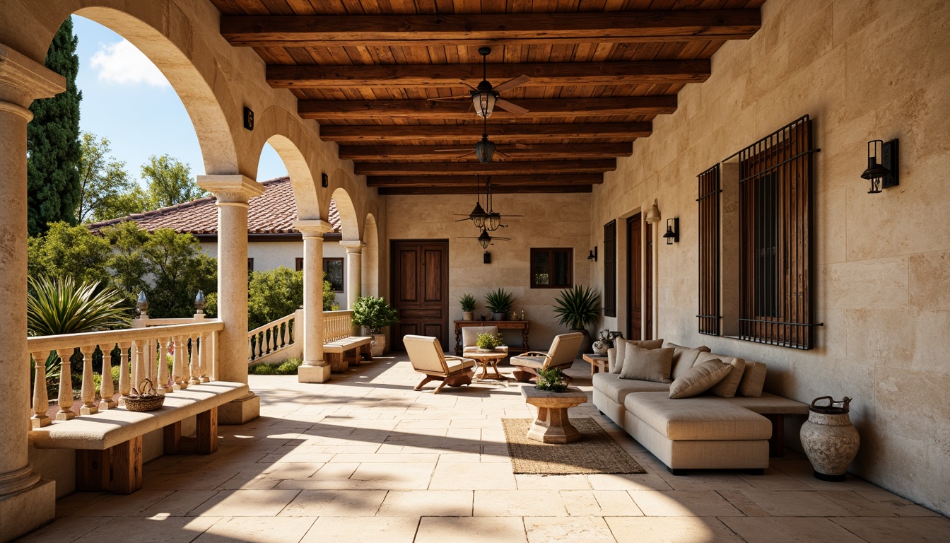 Prompt: Warm Mediterranean villa, rustic stone walls, curved terracotta roofs, wooden shutters, ornate metalwork, wrought iron railings, distressed wood doors, earthy color palette, natural limestone flooring, rough-hewn stone columns, decorative ceramic tiles, soft warm lighting, shallow depth of field, 1/2 composition, realistic textures, ambient occlusion.